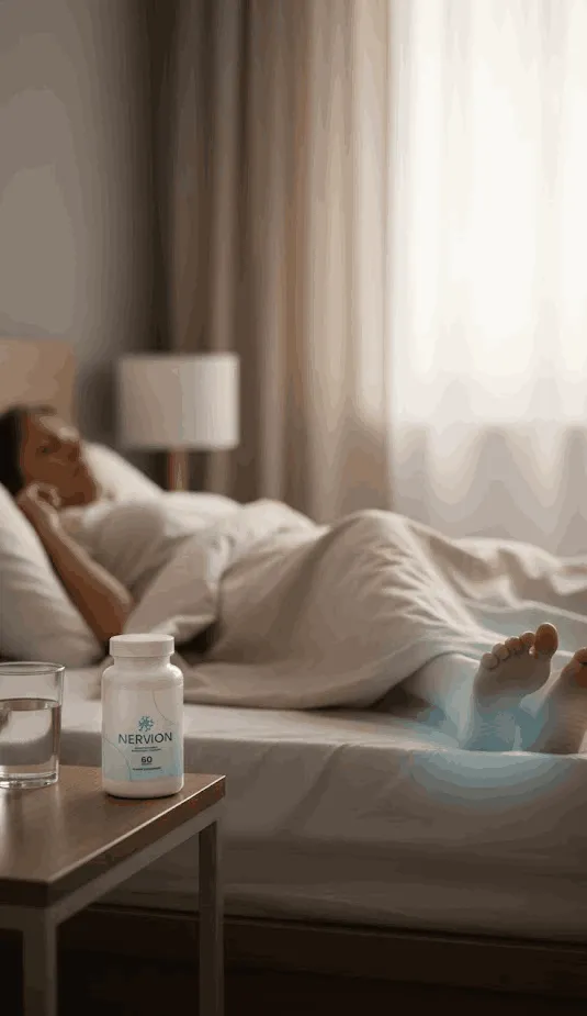Woman relaxing comfortably with Nervion supplement on bedside table